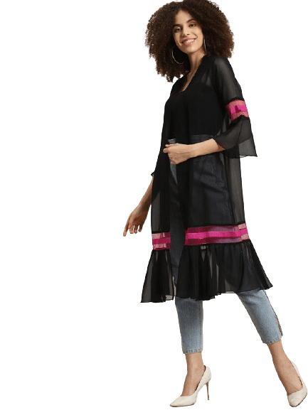 Qurvii Women Black & Pink Longline Shrug - Qurvii India