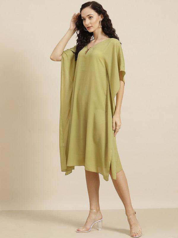 Qurvii Olive Green Keyhole Neck Crepe Kaftan Dress - Qurvii India