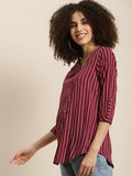 Qurvii Maroon & White Striped Roll-Up Sleeves Crepe Shirt Style Top - Qurvii India