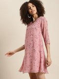 Qurvii Peach-Coloured Floral Georgette A-Line Dress - Qurvii India