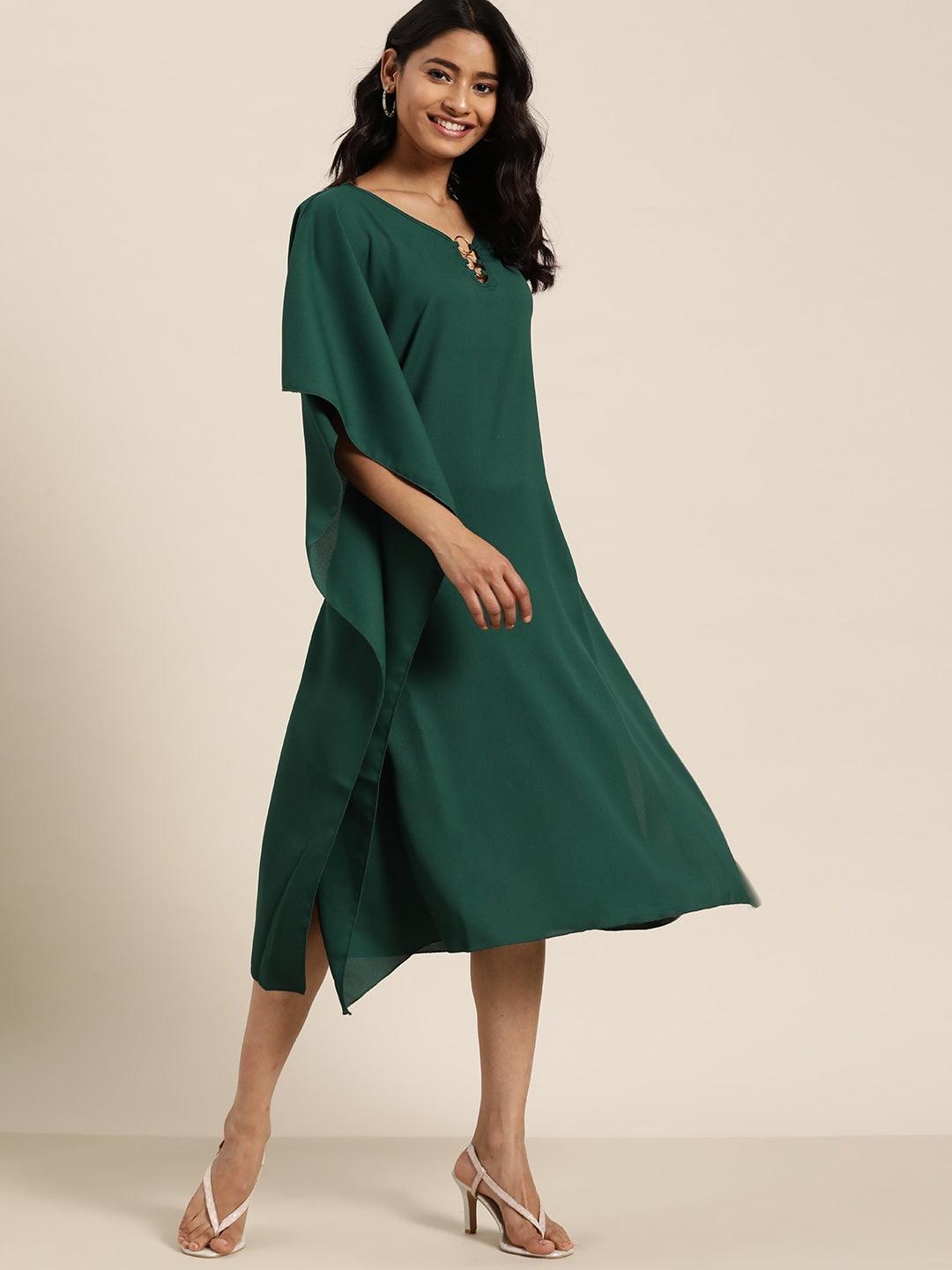 Qurvii Women Green Solid Asymmetric Kaftan Dress - Qurvii India