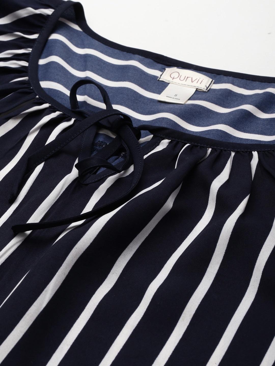 Qurvii Navy Blue & White Striped Tie-Up Neck Top - Qurvii India