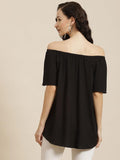 Qurvii Black Off-Shoulder Crepe High-Low Top - Qurvii India