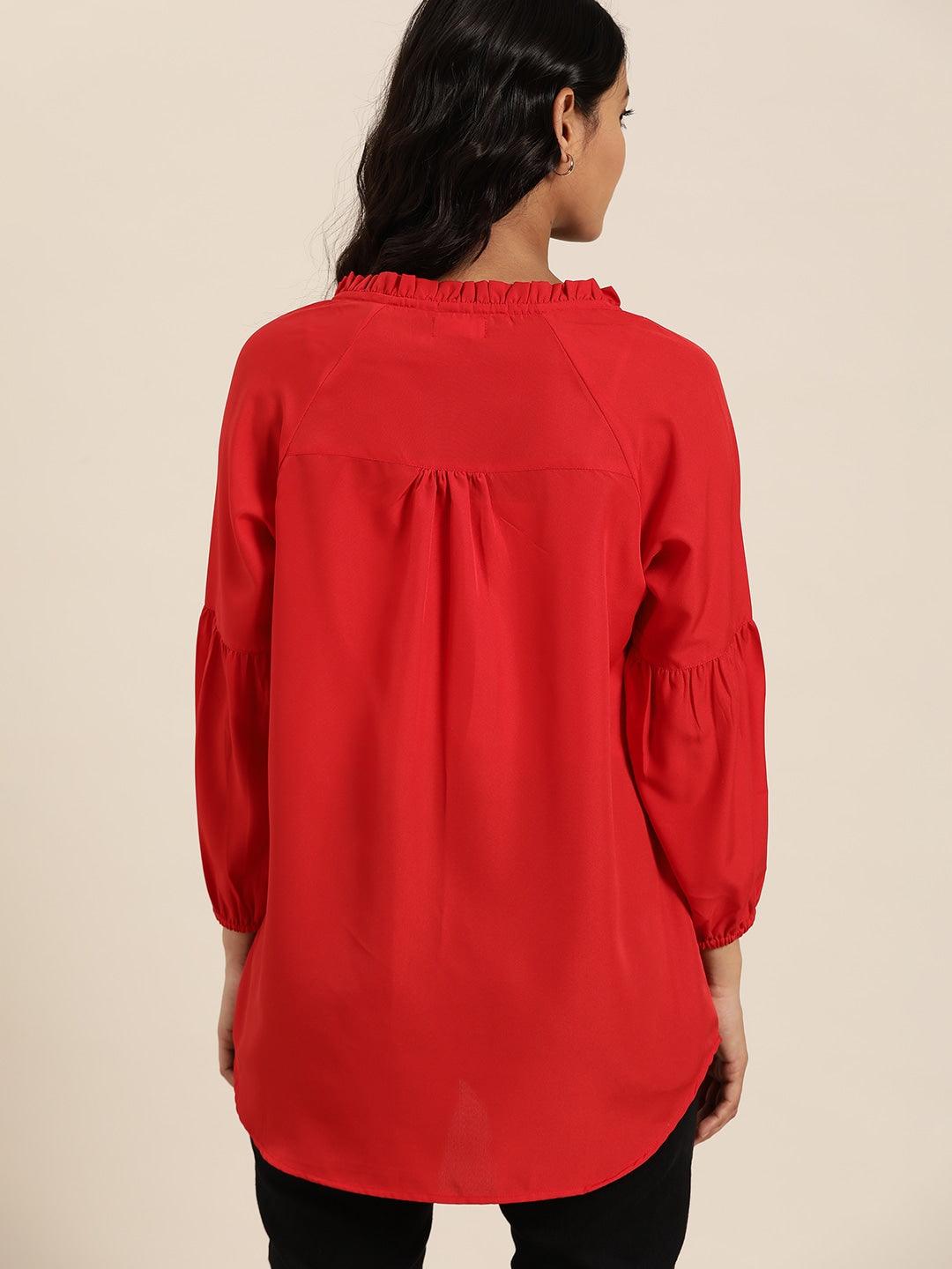 Qurvii Red Solid Puff Sleeves Crepe Top - Qurvii India