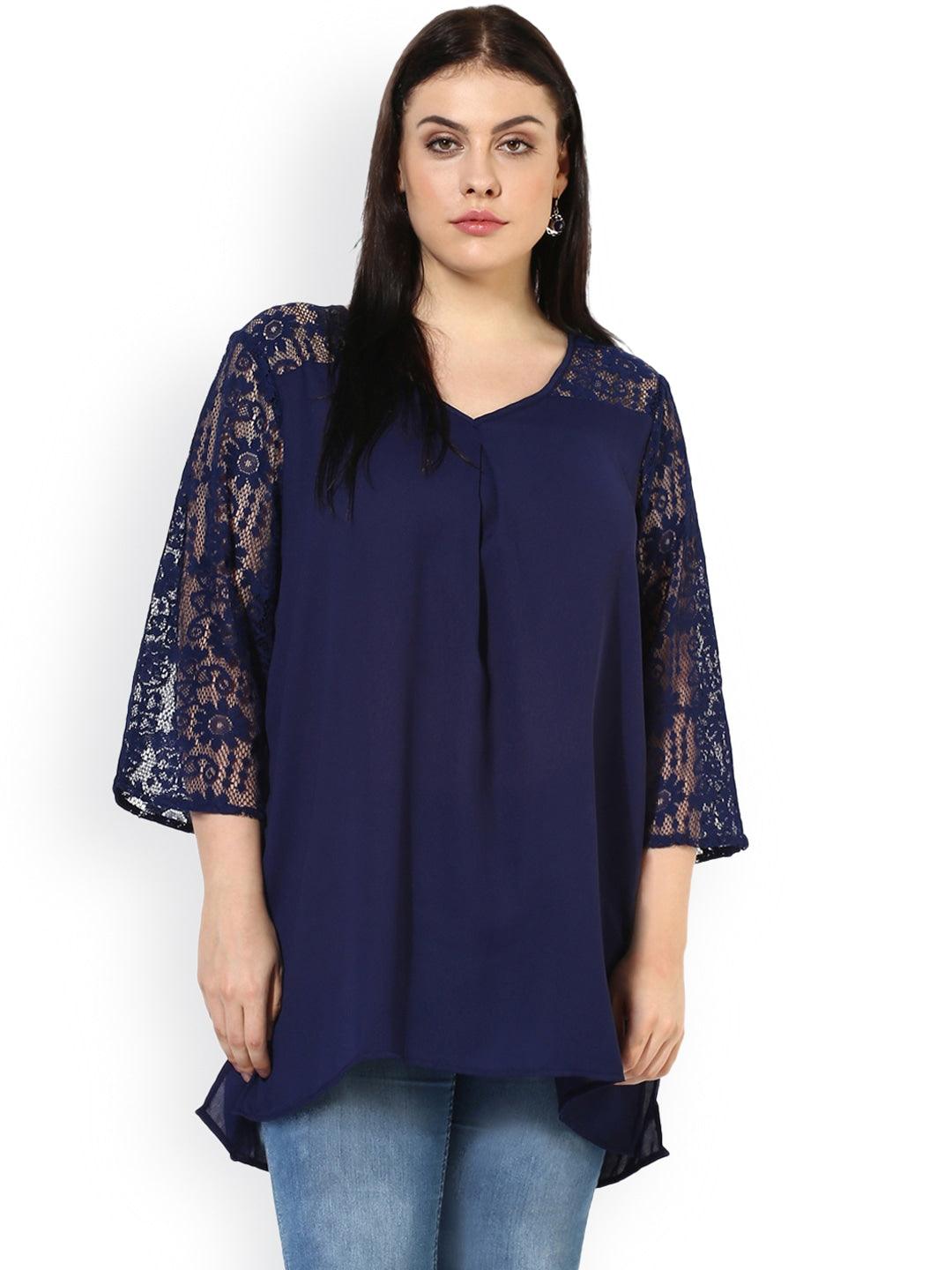 Qurvii Women Navy Blue Solid A-Line Top - Qurvii India