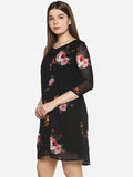 Qurvii Black Floral V Neck Dress - Qurvii India