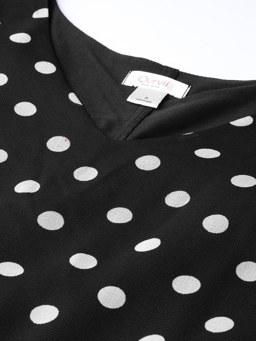 Qurvii Women Black White Polka Dot Print A-Line Dress - Qurvii India