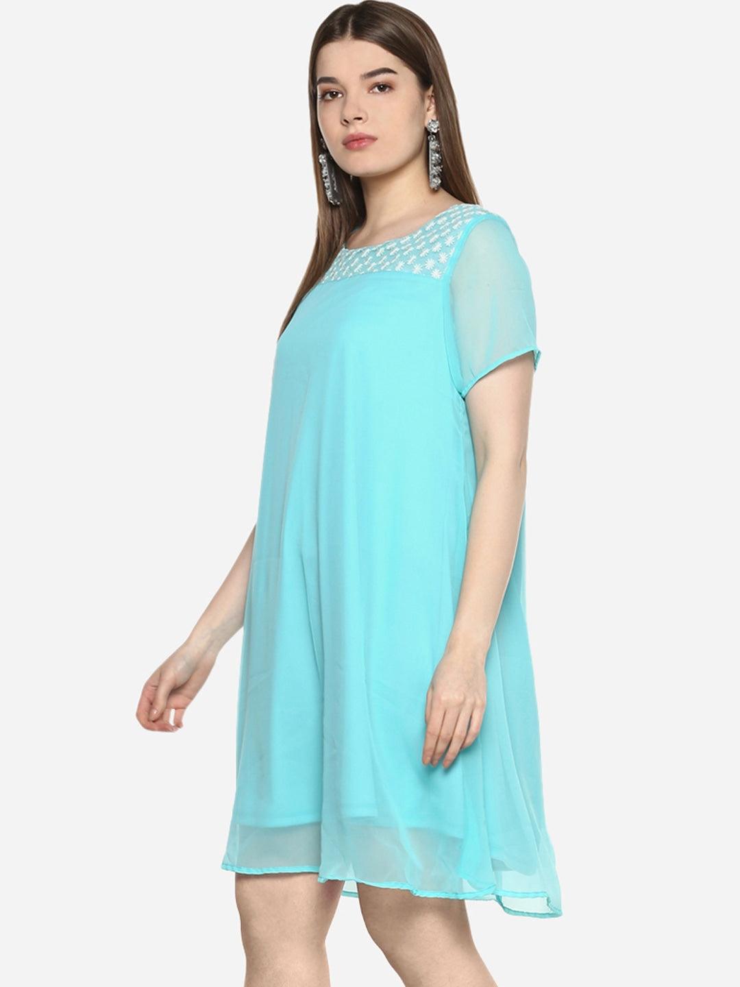Qurvii Women Turquoise Blue Solid A-Line Dress - Qurvii India