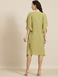 Qurvii Olive Green Keyhole Neck Crepe Kaftan Dress - Qurvii India