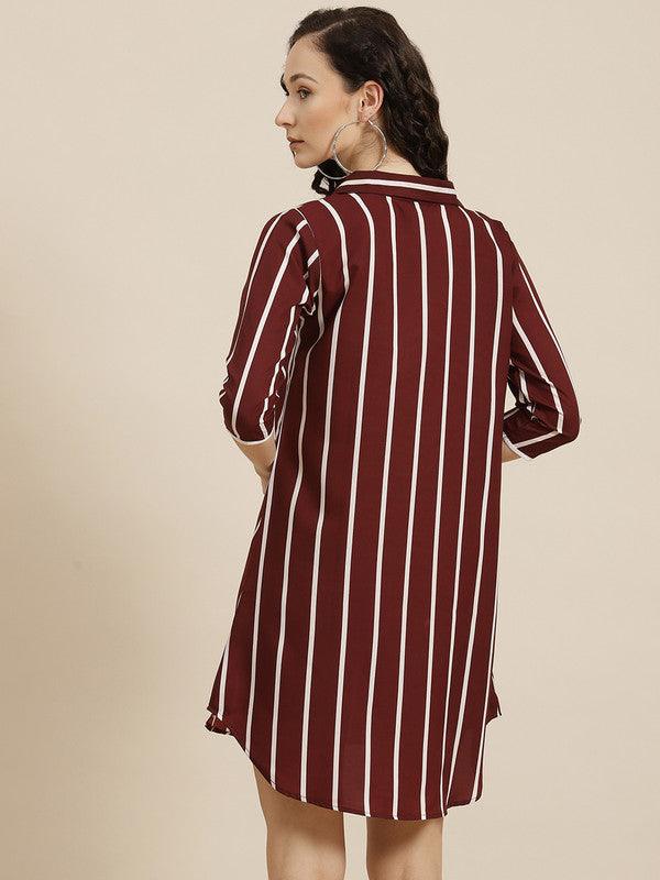 Qurvii Burgundy & White Striped Crepe Shirt Mini Dress - Qurvii India