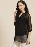 Qurvii Black Swiss Dot Georgette Longline Top - Qurvii India