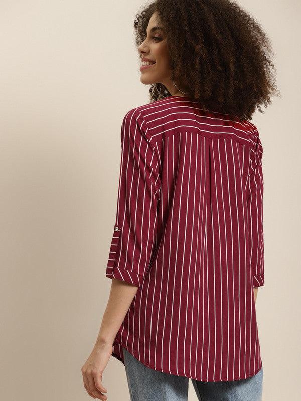 Qurvii Maroon & White Striped Roll-Up Sleeves Crepe Shirt Style Top - Qurvii India