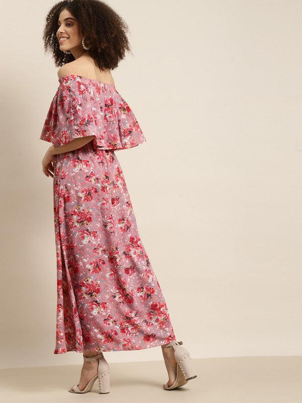 Qurvii Peach-Coloured & Red Floral Off-Shoulder Crepe A-Line Maxi Dress - Qurvii India