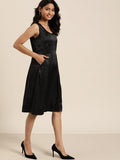 Qurvii Women Black Satin Finish Solid A-Line Dress - Qurvii India