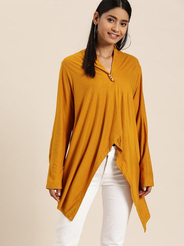 Qurvii Women Mustard Yellow Solid Asymmetric Button Shrug - Qurvii India