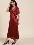 Qurvii Women Maroon Satin Finish Solid Maxi Wrap Dress - Qurvii India