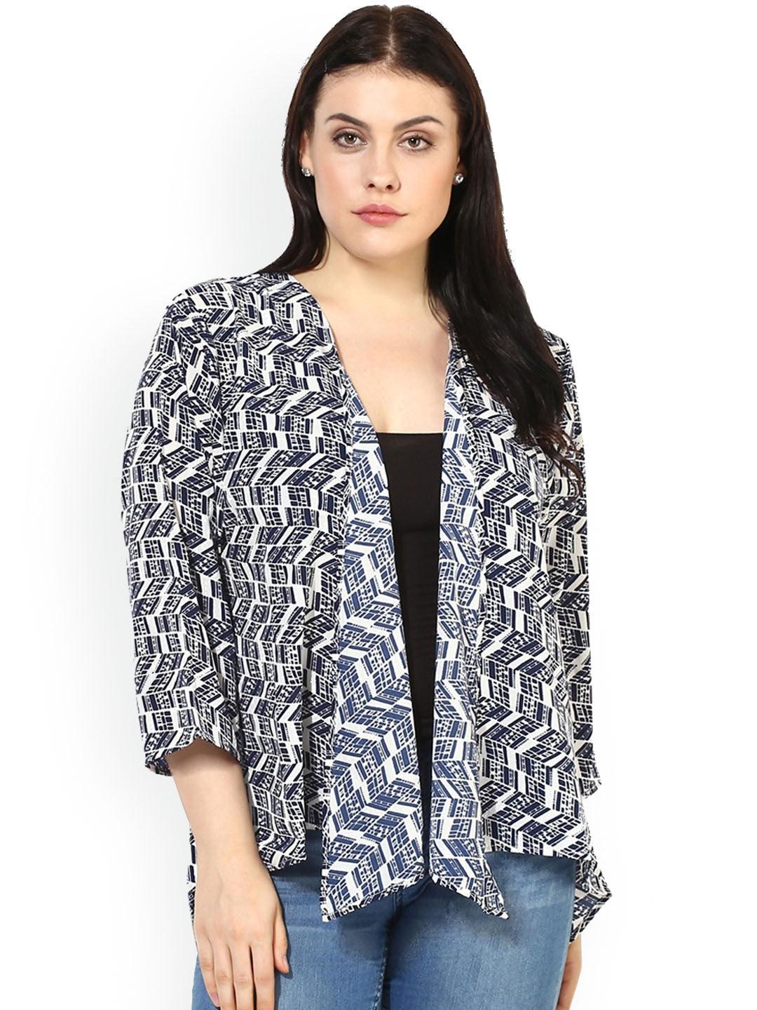 Qurvii Women Blue Printed Open Front Shrug - Qurvii India