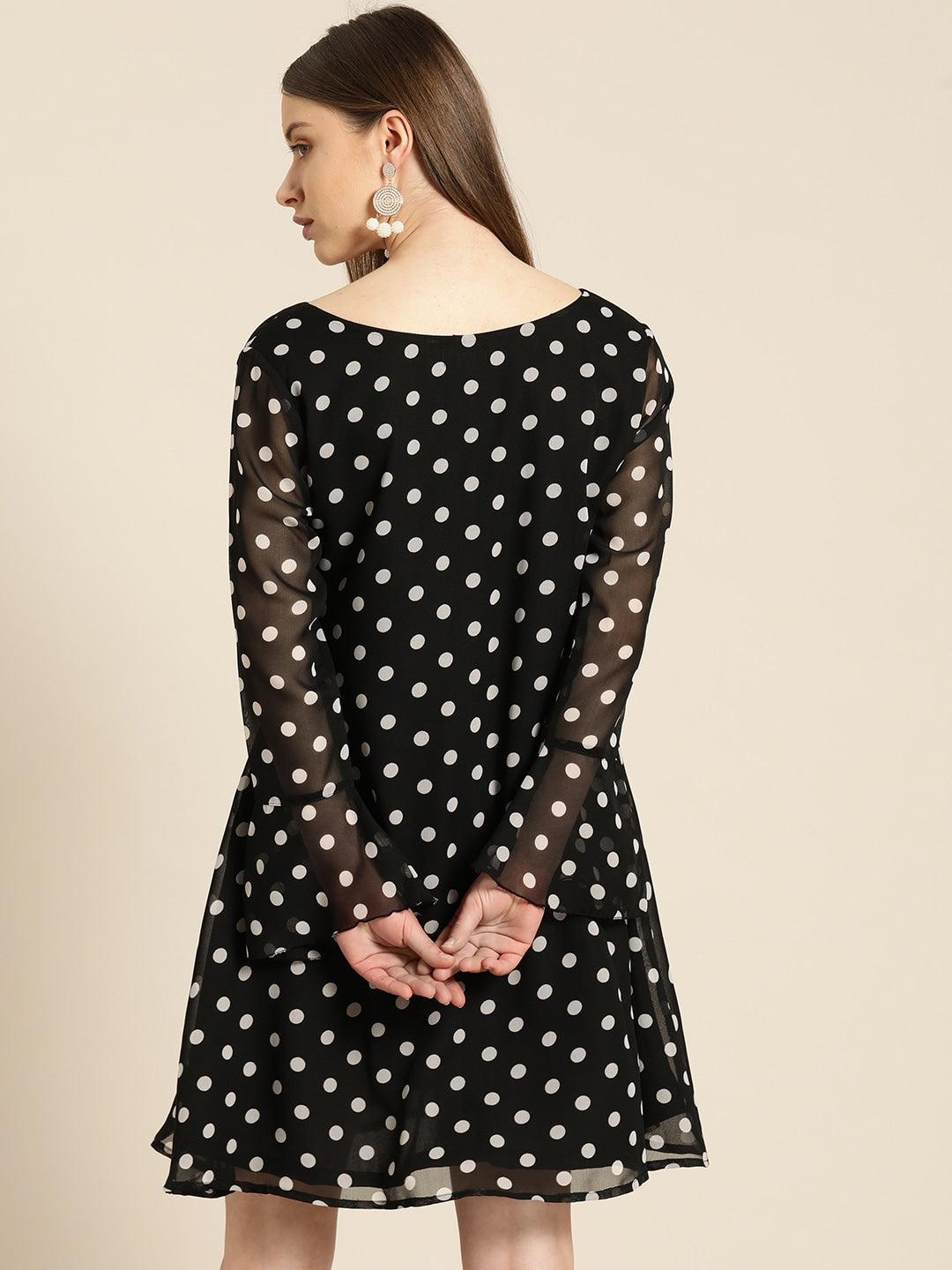 Qurvii Women Black White Polka Dot Print A-Line Dress - Qurvii India