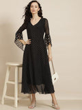 Qurvii Black Georgette A-Line Midi Dress - Qurvii India