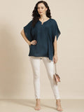 Qurvii Teal Keyhole Neck Crepe Regular Top - Qurvii India