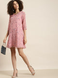 Qurvii Peach-Coloured Floral Georgette A-Line Dress - Qurvii India
