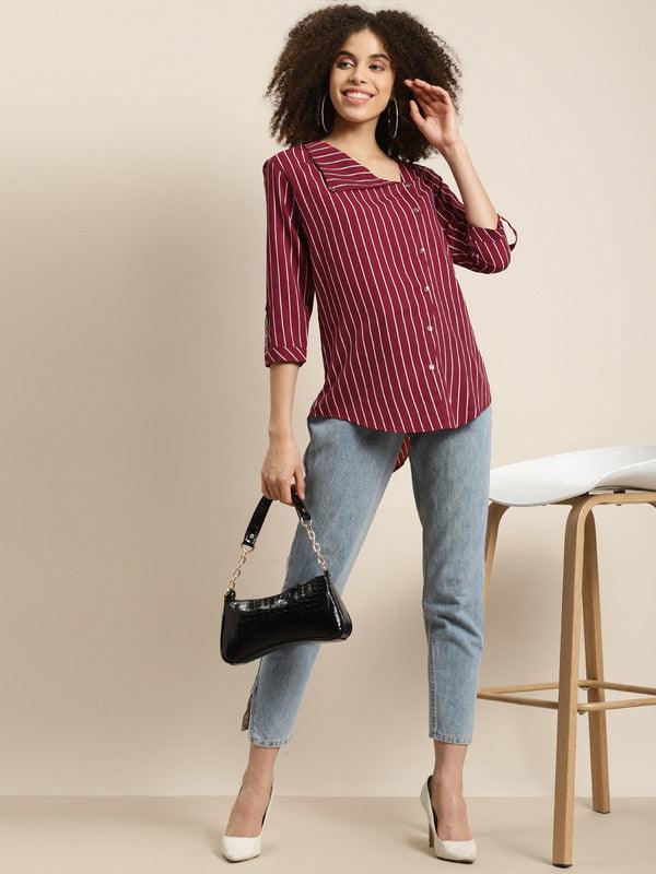 Qurvii Maroon & White Striped Roll-Up Sleeves Crepe Shirt Style Top - Qurvii India