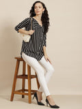 Qurvii Black & White Striped Crepe Regular Top - Qurvii India