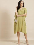 Qurvii Olive Green Keyhole Neck Crepe Kaftan Dress - Qurvii India