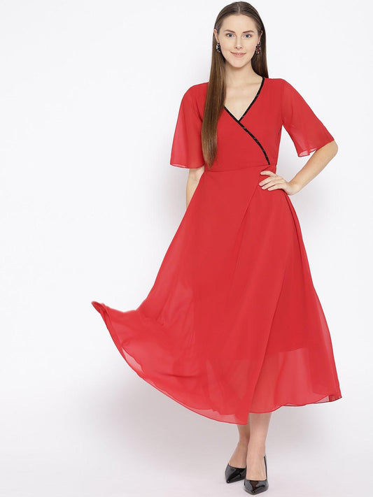 Qurvii Women Red Solid Wrap Maxi Dress - Qurvii India