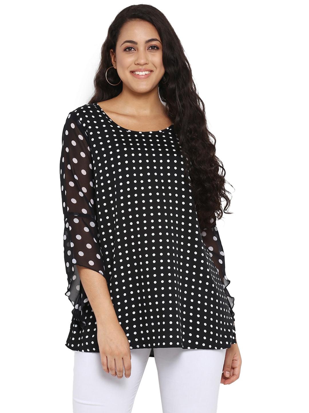 Qurvii Women Black Polka Dot Printed A-Line Top - Qurvii India