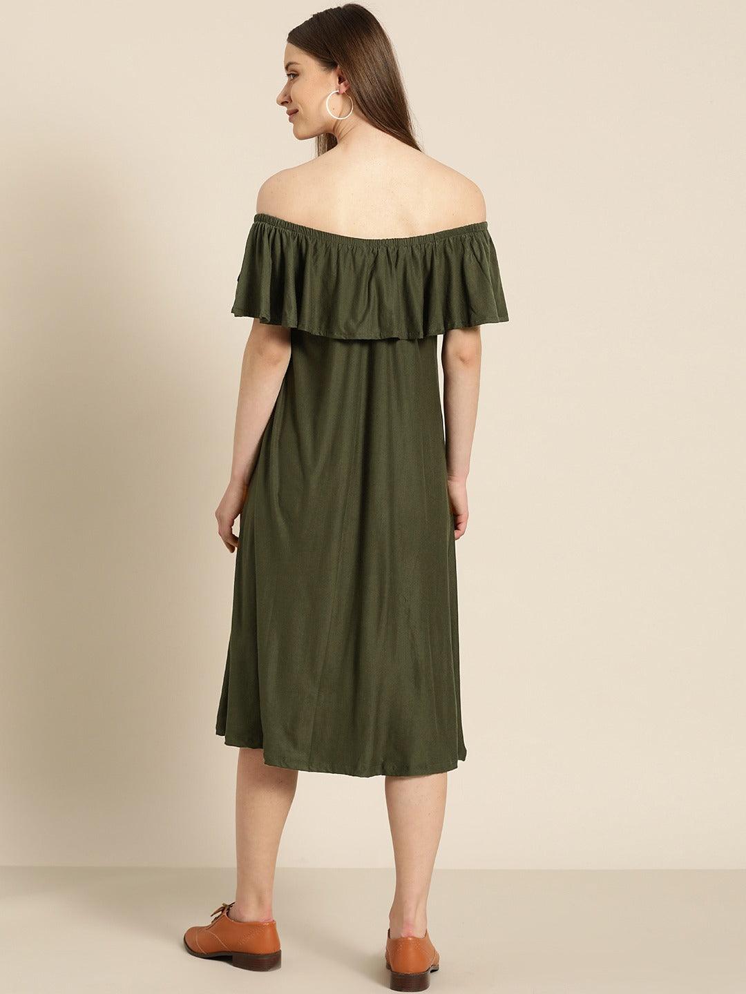 Qurvii Women Olive Green Solid Off-Shoulder A-Line Dress - Qurvii India