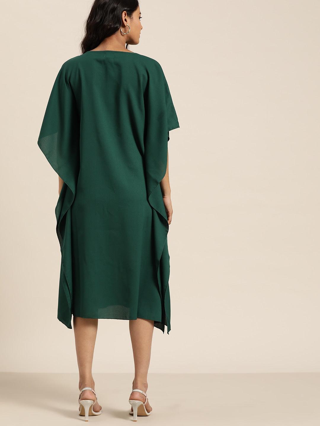 Qurvii Women Green Solid Asymmetric Kaftan Dress - Qurvii India