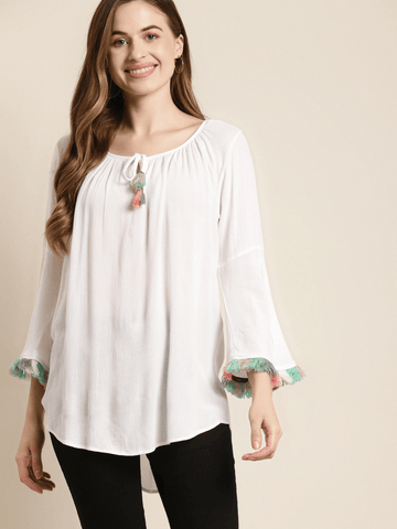 Qurvii White Solid Tie-Up Neck Top - Qurvii India