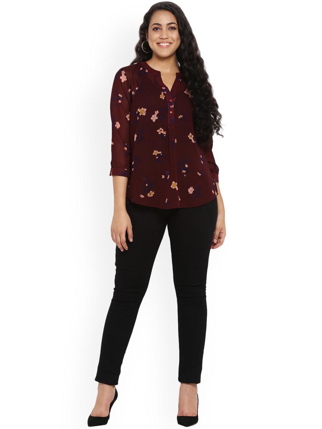 Qurvii Maroon Floral Double Shaded Half Placket Tunic - Qurvii India