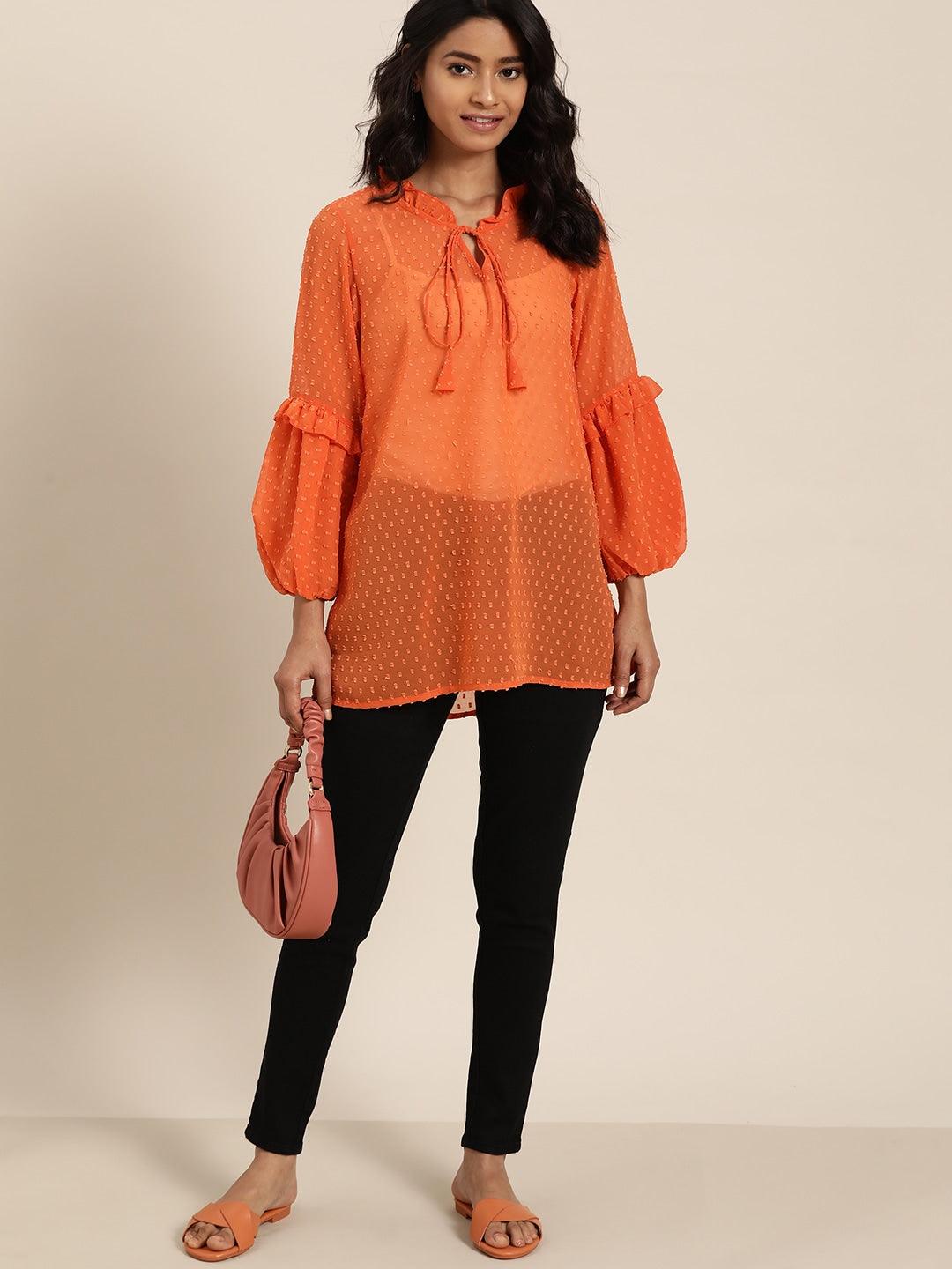 Qurvii Orange Solid Keyhole Neck Puff Sleeves Dobby Weave Top - Qurvii India