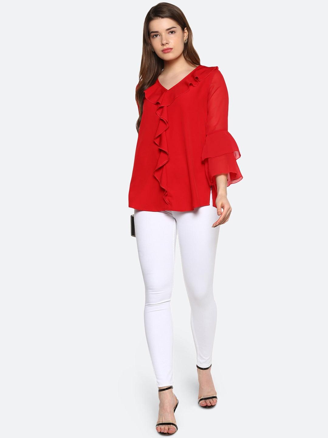 Qurvii Women Red Solid A-Line Top - Qurvii India