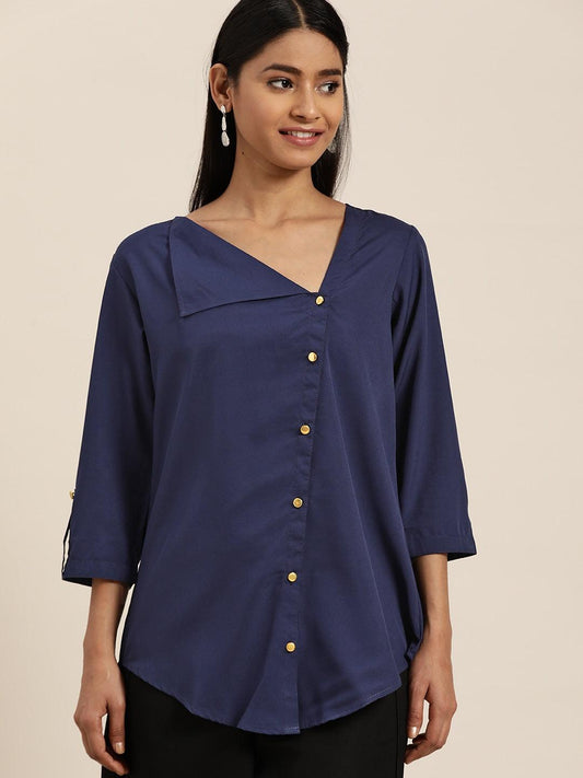 Qurvii Women Navy Blue Solid Roll-Up Sleeves Top - Qurvii India