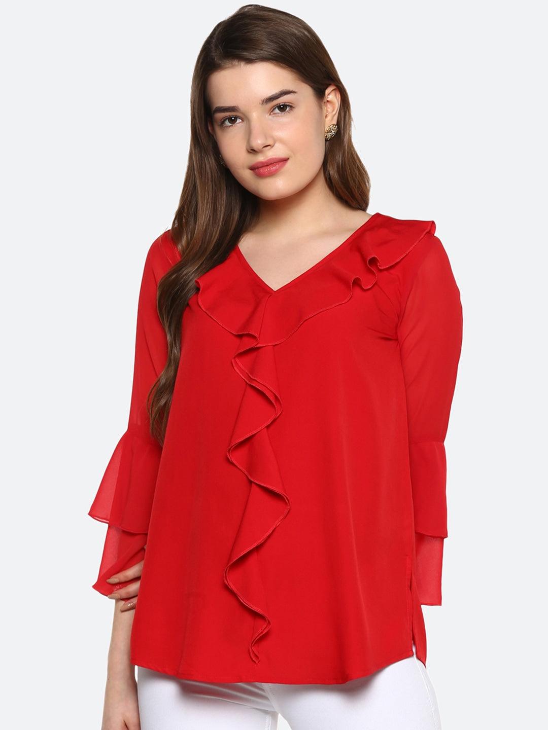 Qurvii Women Red Solid A-Line Top - Qurvii India