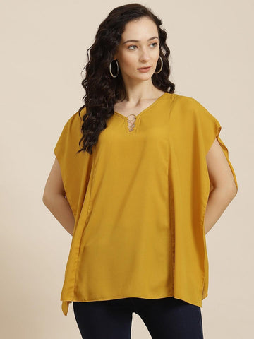 Qurvii Mustard Yellow Keyhole Neck Crepe Kaftan Top - Qurvii India