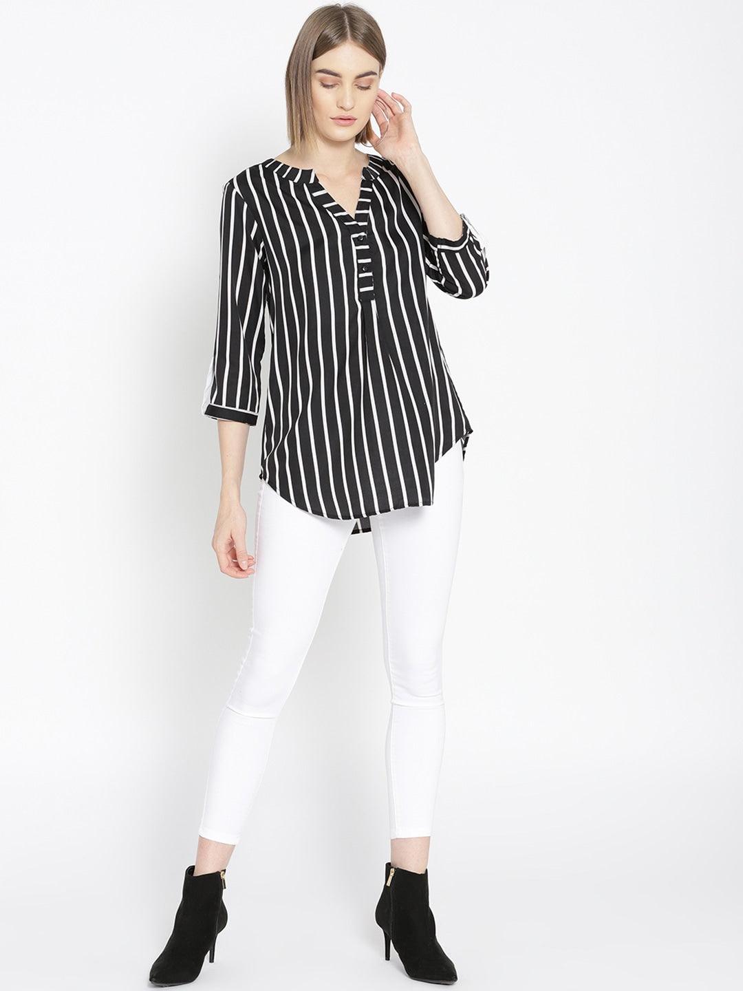 Qurvii Women Black White Striped Shirt Style Top - Qurvii India