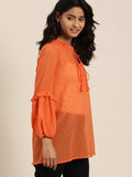 Qurvii Orange Solid Keyhole Neck Puff Sleeves Dobby Weave Top - Qurvii India