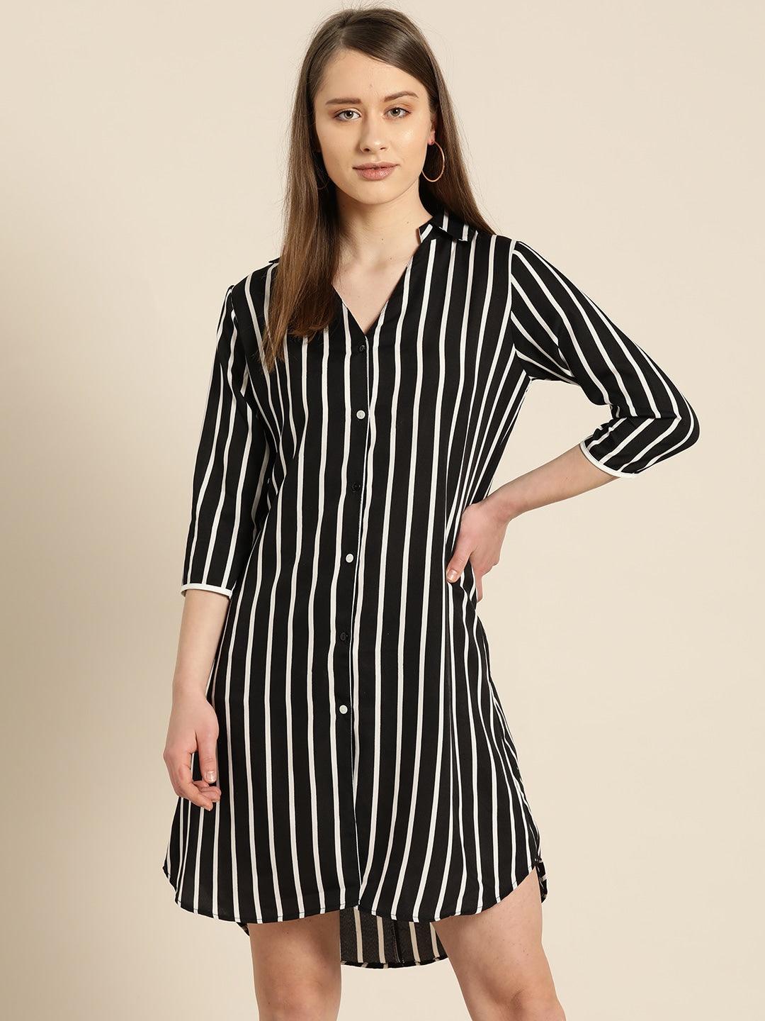 Qurvii Women Black White Striped Shirt Dress - Qurvii India