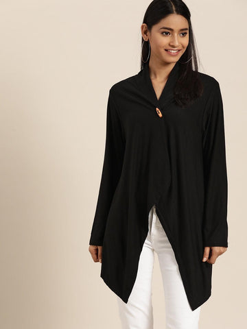 Qurvii Women Black Solid Longline Button Shrug - Qurvii India