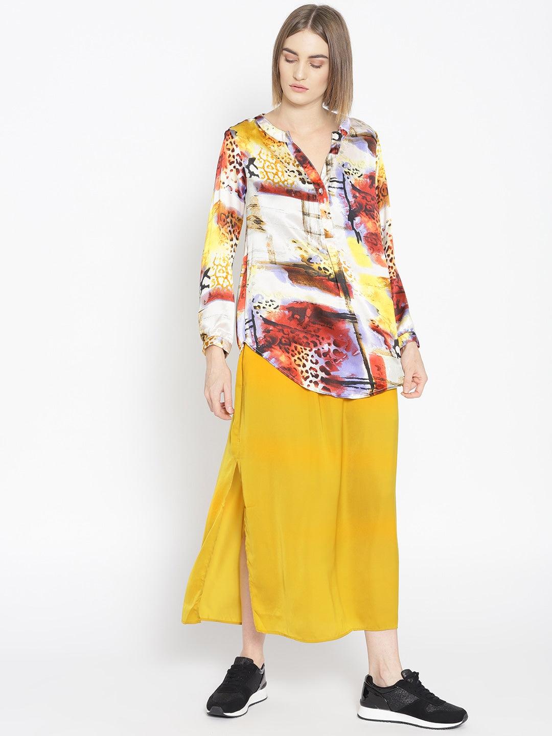 Qurvii Women Multicoloured Printed Satin Finish Shirt Style Top - Qurvii India