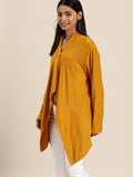 Qurvii Women Mustard Yellow Solid Asymmetric Button Shrug - Qurvii India