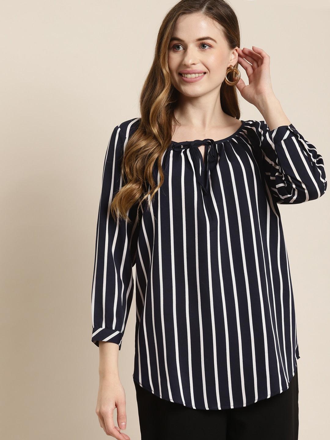 Qurvii Navy Blue & White Striped Tie-Up Neck Top - Qurvii India