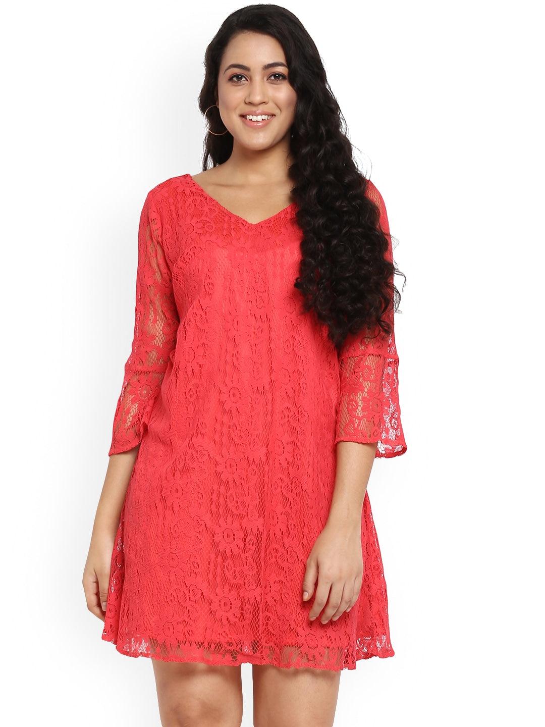 Qurvii Cherry Red Lace A-linee Dress - Qurvii India