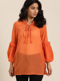 Qurvii Orange Solid Keyhole Neck Puff Sleeves Dobby Weave Top - Qurvii India