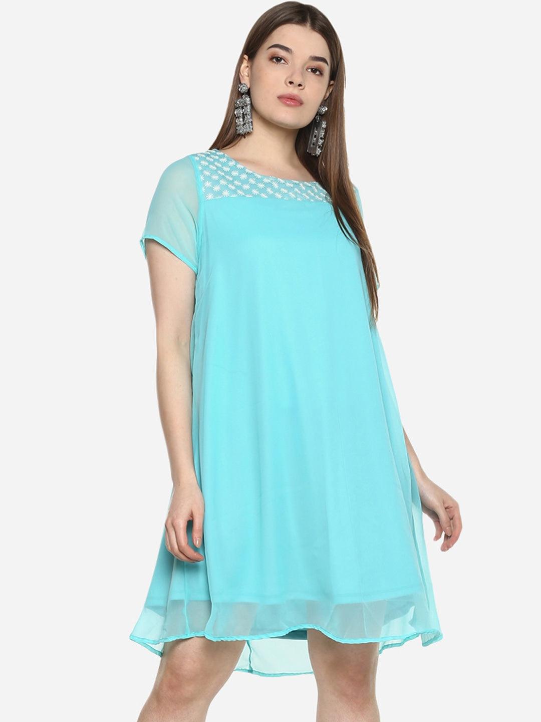 Qurvii Women Turquoise Blue Solid A-Line Dress - Qurvii India