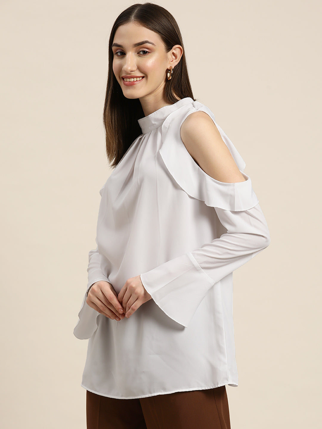 Solid Light White Regular Fit Banded Collar Full Ruffle Sleeve Crepe Top